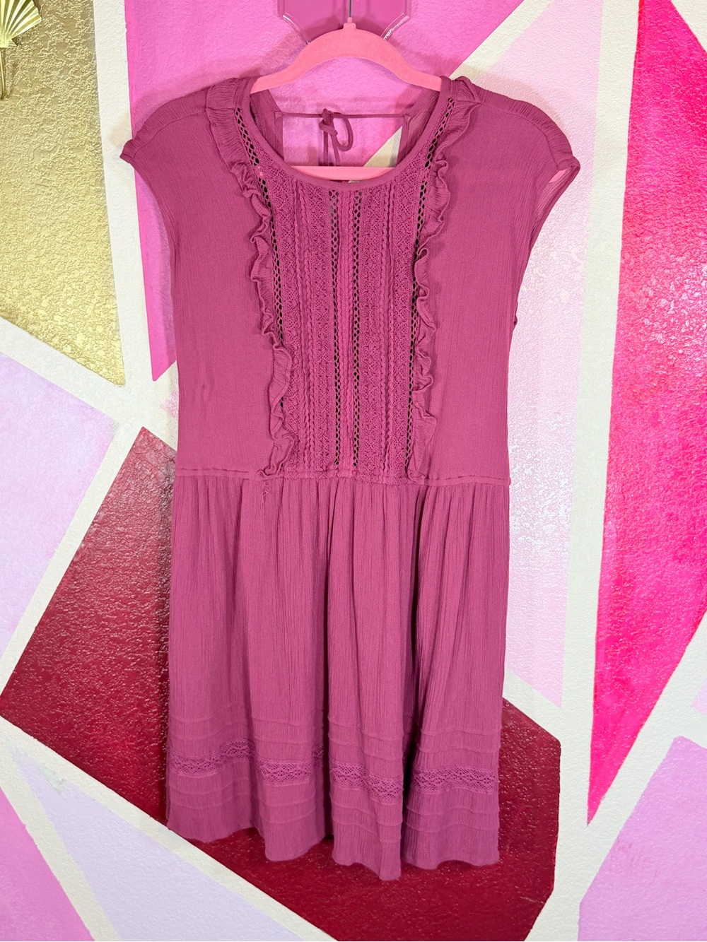 Forever 21 Berry Crinkle Gauze Crochet Lace Ruffle Boho Mini Dress S
